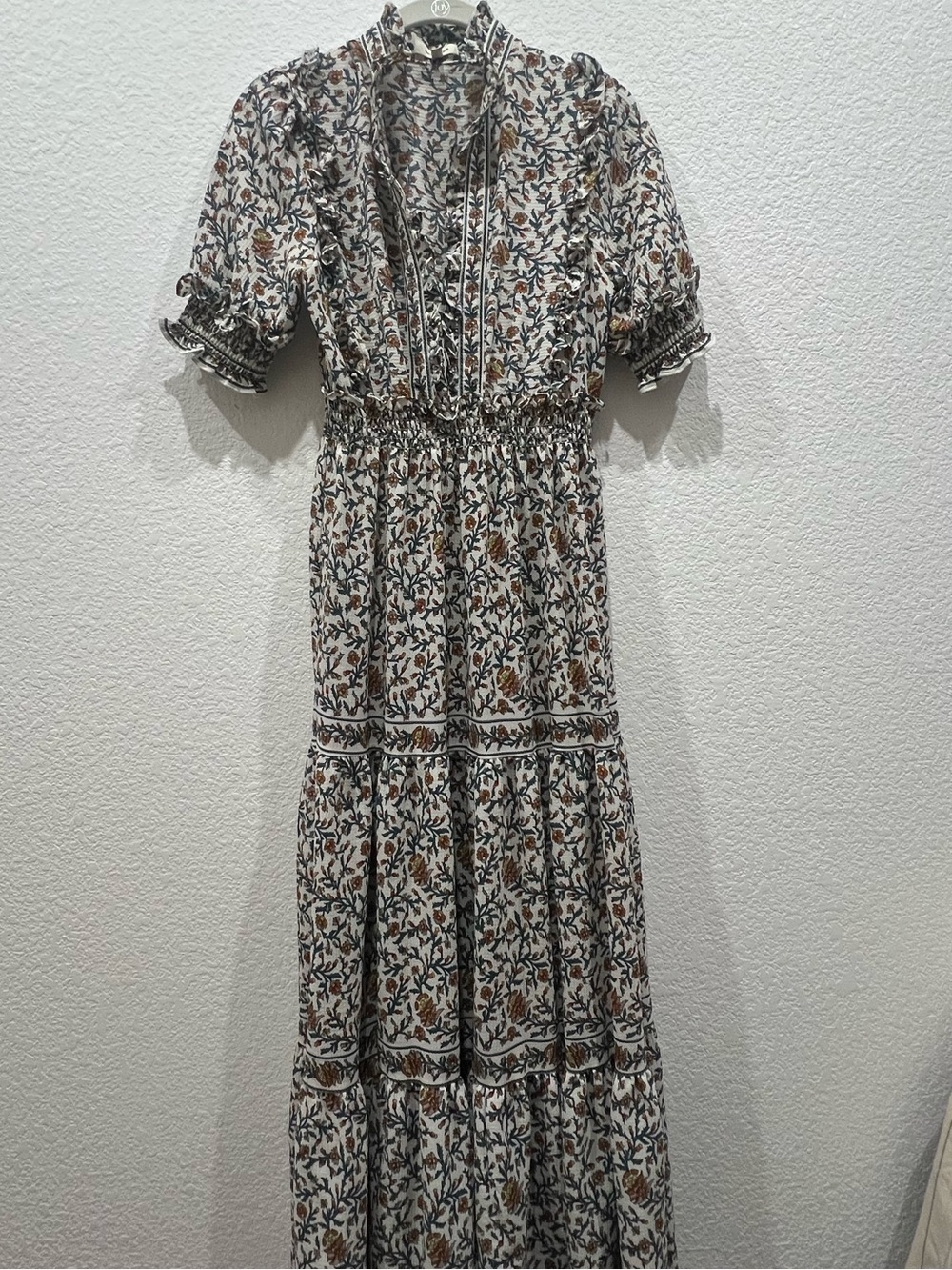 Max Studio Cream Maxi Dress with Brown and Navy Floral Print